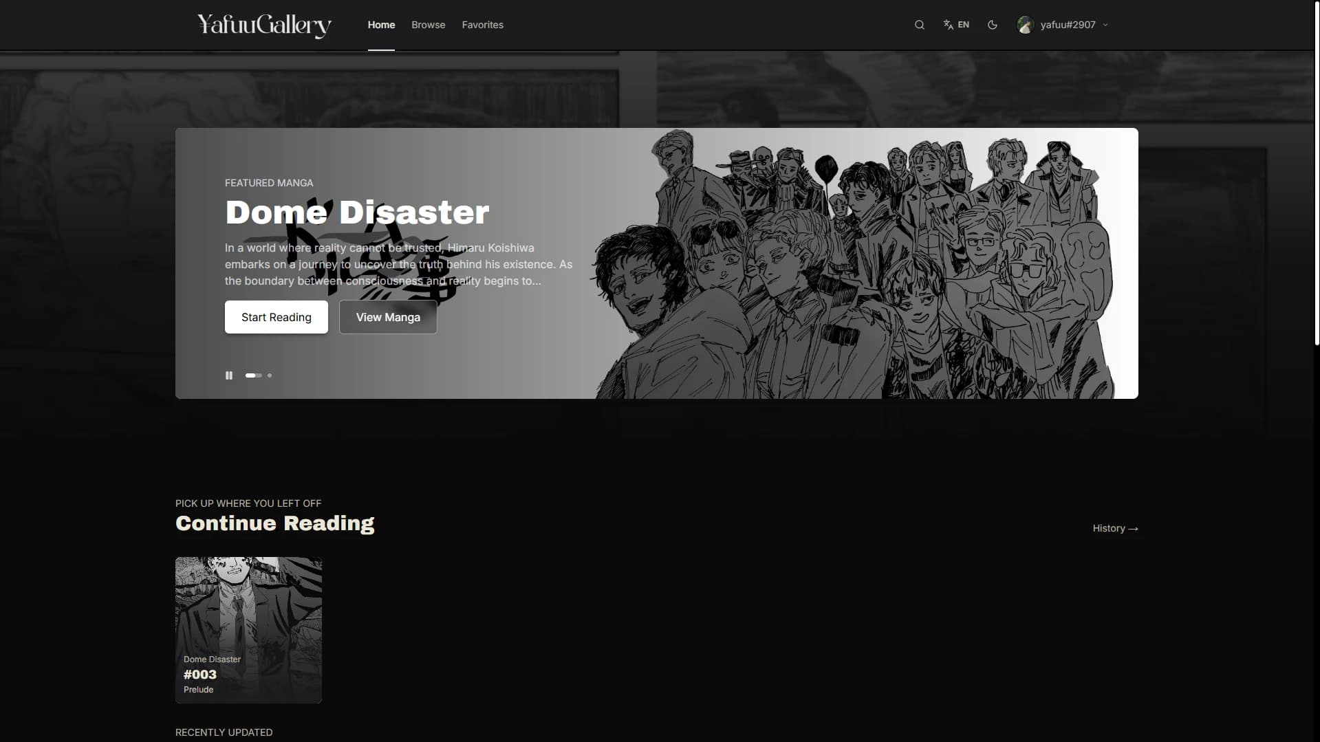 YafuuGallery home page: the featured manga Dome Disaster and a Continue Reading shelf